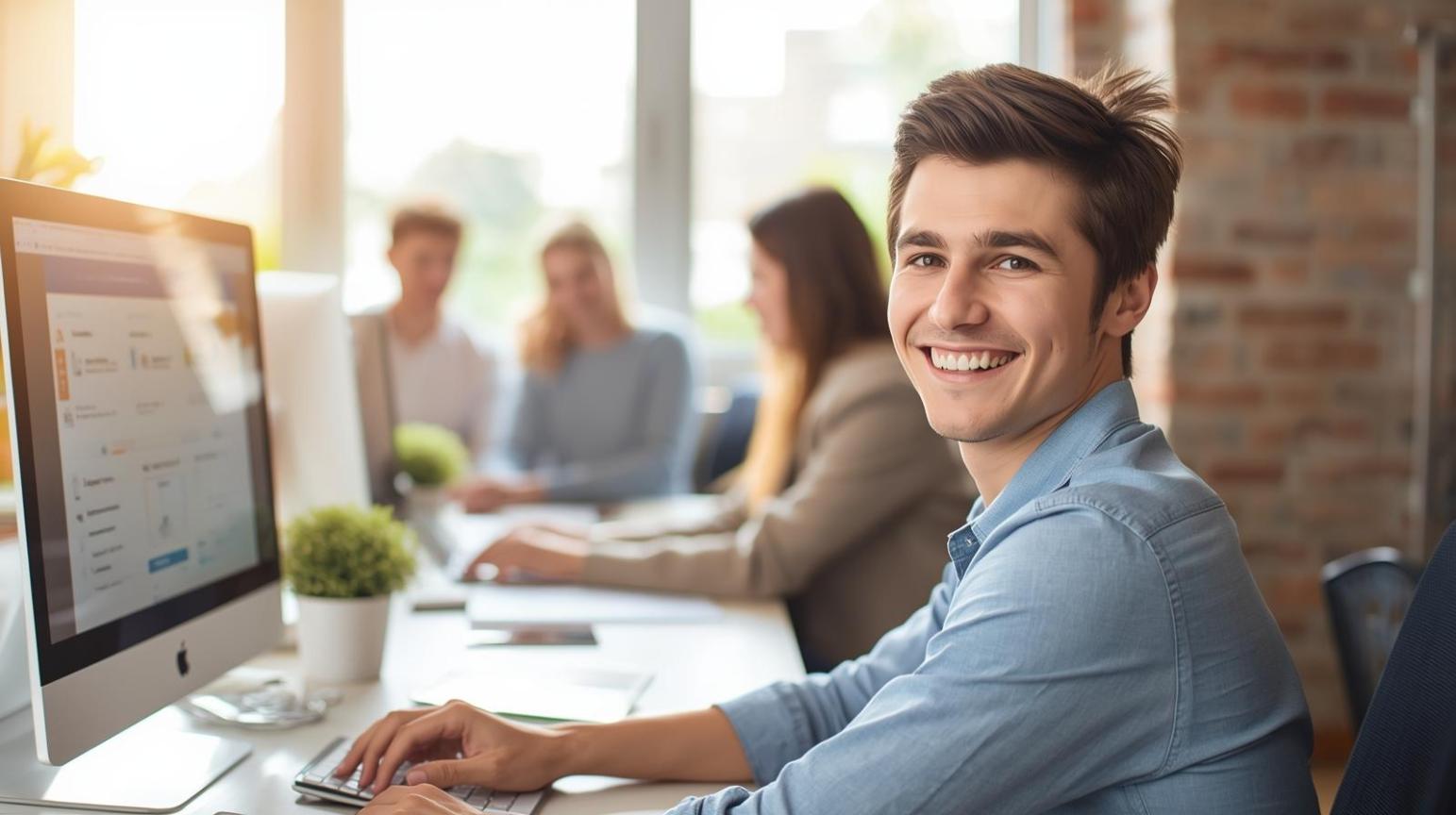 Happy professionals using blurred screens to manage file-sharing marketing tasks efficiently.