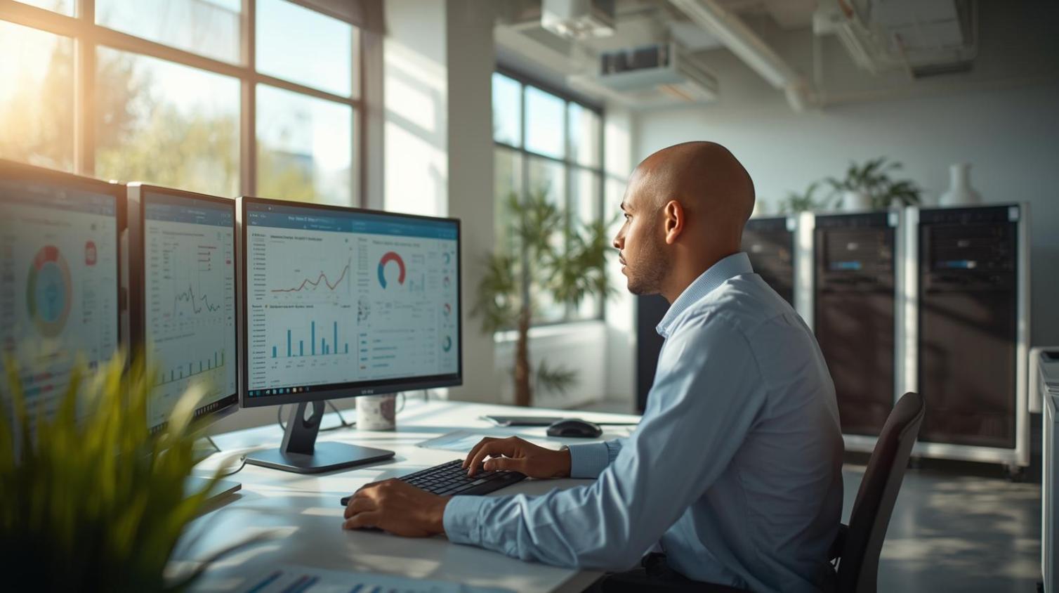 IT specialist managing enterprise data systems in bright modern office with natural daylight.